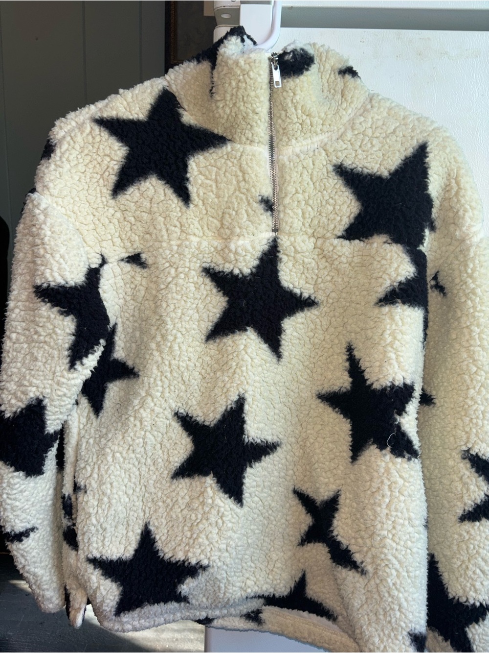 Altar'd State Cream Sherpa Pullover with Black Star Print